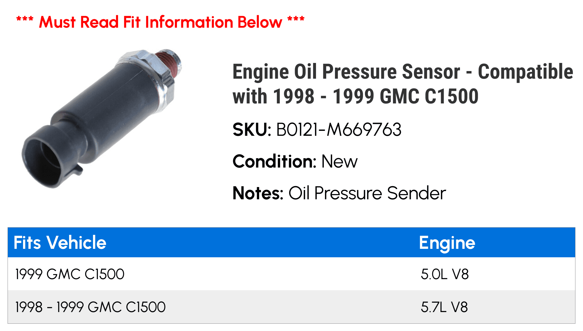 Engine Oil Pressure Sensor - Compatible with 1998 - 1999 GMC C1500