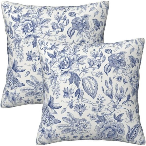 Blue and White Porcelain Floral Throw Pillow Covers 18x18 in Set of 2, Decorative Chinoiserie Pillow Case Square Cushion Covers for Sofa Bed Couch Living Room