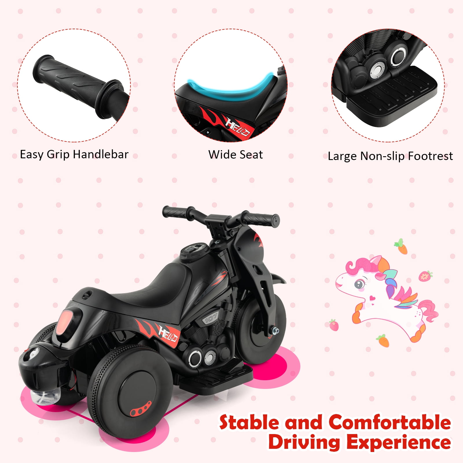 Costway 6V Kids Bubble Car Electric Ride on Motorcycle with Music Button & LED Headlight Black