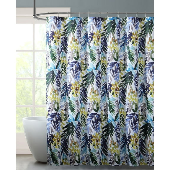 Serafina Home Decorative Fabric Shower Curtain: Tropical Shower Curtain with Palm Leaves in Green Aqua Purple Yellow