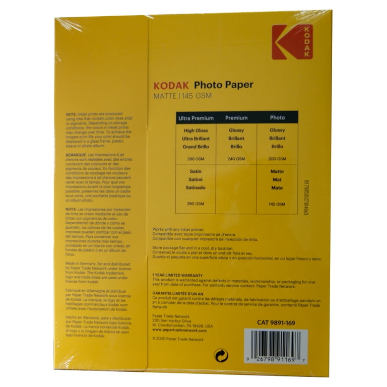 Kodak 8.5” x 11” Photo Paper – Matte - 100 Sheets/Pack