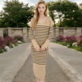 thumbnail image 2 of Women's Striped Knit Midi Dress with Long Sleeves and Ribbed Texture - Small, Khaki, 2 of 7