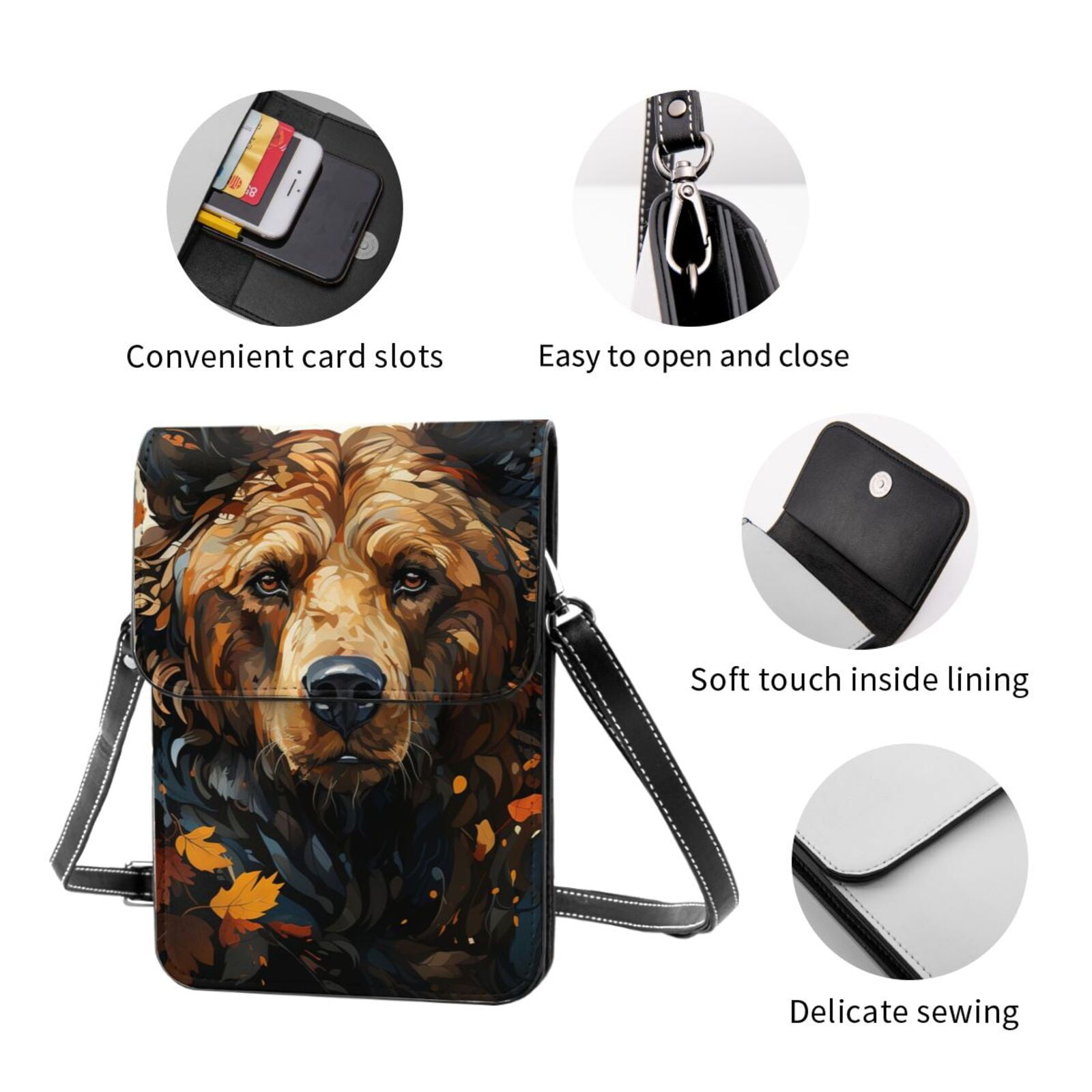 Bear Grizzly Bear Art Vintage Cell Phone Purse Small Crossbody Bag with Strap Credit Card Slots Leather Shoulder Wallet for Women