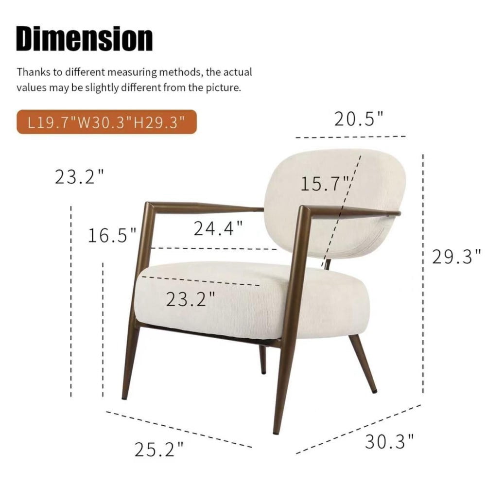 Accent Chair, Mid Century Modern Upholstered Lounge Chair with Metal Frame, Textured Fabric, Padded Seat & Back for Living Room, Bedroom & Office, White