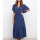 thumbnail image 2 of Vestido maxi de mujer de verano de manga corta casual vintage vestido cruzado con cuello en V profundo y cintura con lazo vestido formal azul oscuro L, 2 of 6