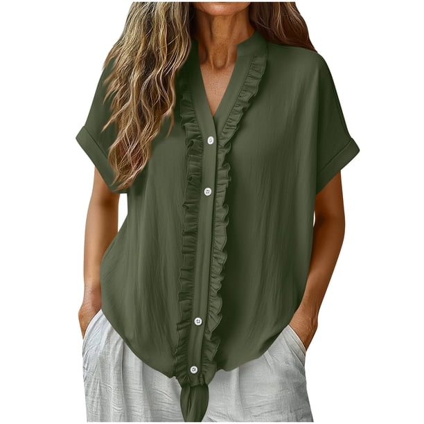 Tops de Manga Larga de Encaje para las Mujeres Más Tamaño Botón Cuello en V Color Sólido Suave Y Transpirable Blusa para Uso Diario Informal