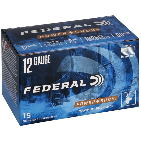 Federal Power-Shok Buckshot, 12 ga, 00 Buckshot, 9 Pellet, 2-3/4 in, 1325 fps, 15 Count