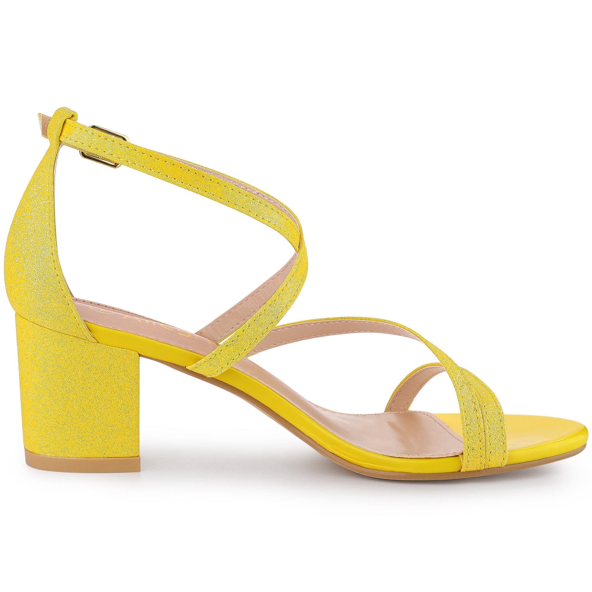 DARING DIVA Women's Glitter Crisscross Strap Chunky Heels Sandals Yellow 7