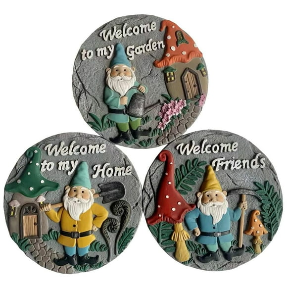 Angelo Décor Pierre de gué sur le thème des gnomes , ensemble de 3, de 10 pouces de diamètre