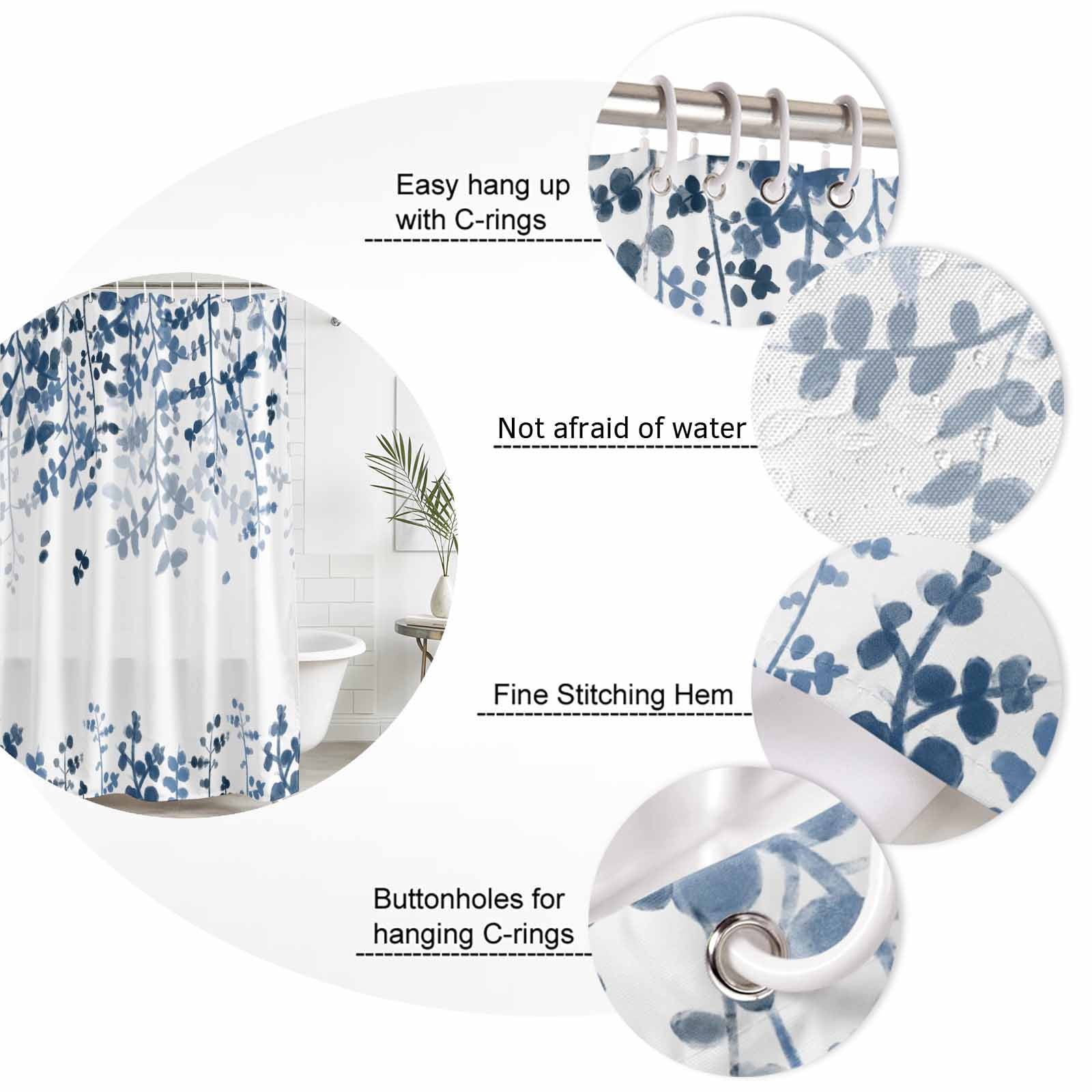 Blue Leaves Shower Curtain, Waterproof Shower Curtains for Bathroom, Summer Botanical Washable Fabric Bathtub Curtain Set Bath Decor with 12 Hooks Long 72"x84"