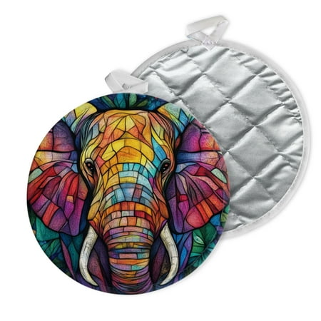 

2 PCS Pot Holders for Kitchen Potholders Sets with Hook for Oven Cooking Baking Stained Glass-Style Of Elephant With Large Ears