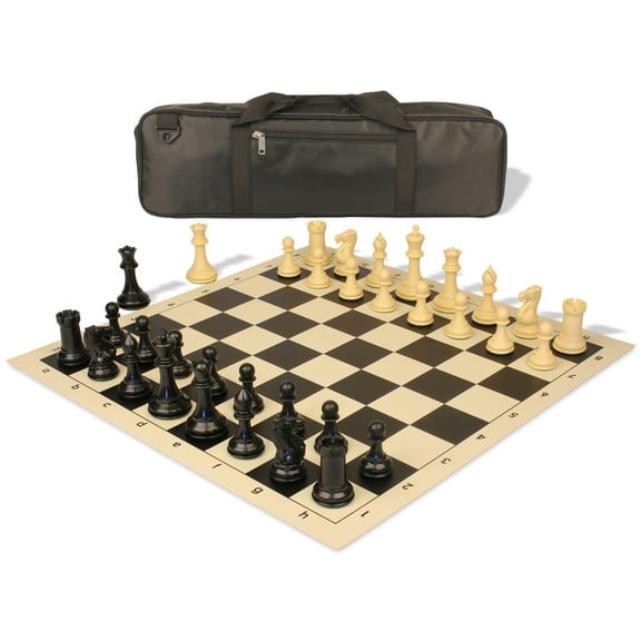 Conqueror Carry-All Plastic Chess Set - Black & Camel Pieces with Vinyl Rollup Board - Black