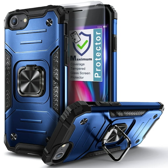 Nagebee Case for iPhone SE 3 5G 2022, iPhone SE 2 2020, iPhone 8 7 6S 6 with Tempered Glass Screen Protector, [Military-Grade] Full-Body Protective, Car Mount Ring Holder, Heavy-Duty Case (Blue)