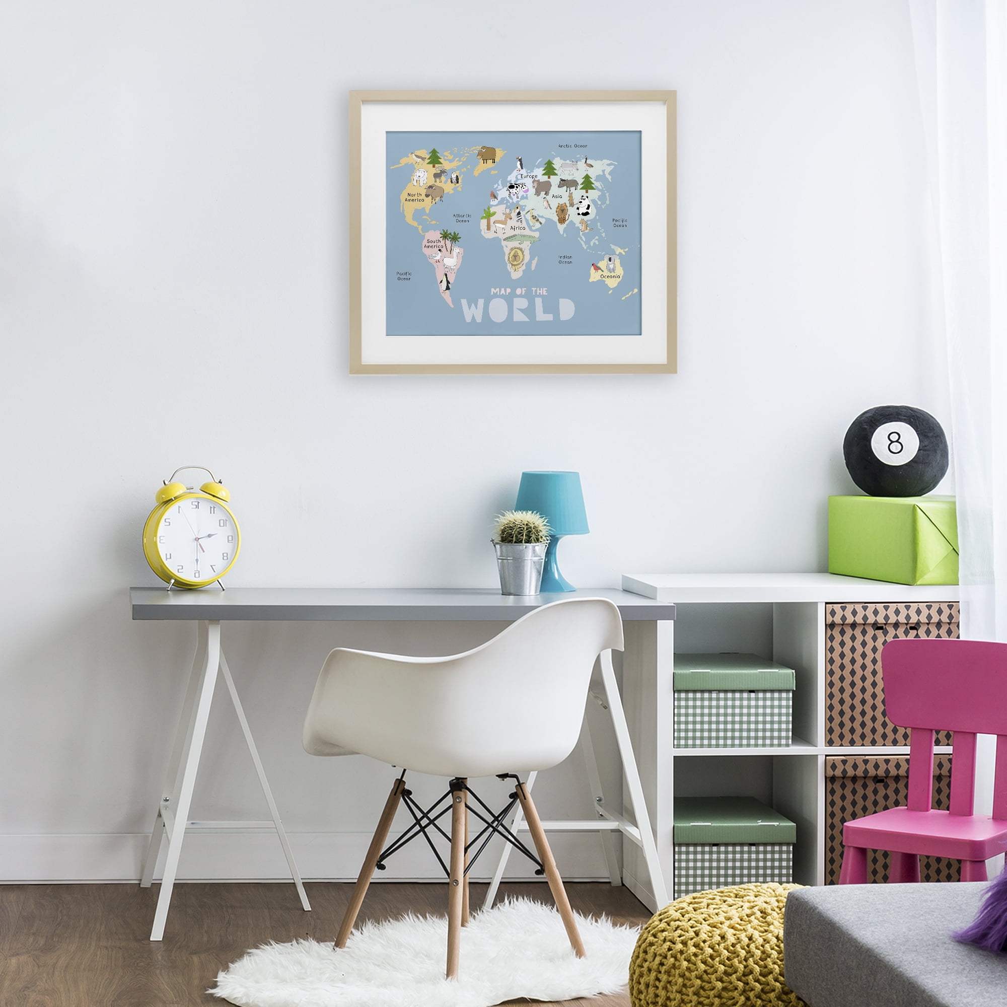 Kid's Map Of World Blue Birch Framed Print Under Glass, design by Carla Daly