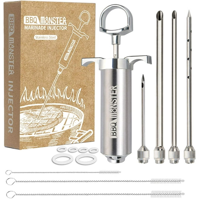 BBQ Monster Meat Injector Syringe Kit with 4 Professional Marinade Injector Needles for BBQ Grill Smoker, Turkey and Brisket; 2-oz Large Capacity, Including Paper User Manual, Recipe E-Book (PDF)