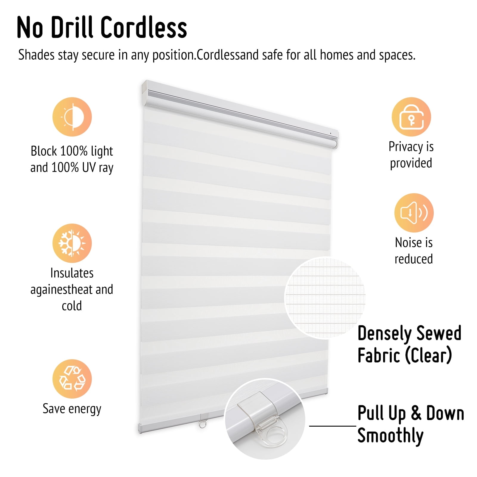 Keego No Tools No Drill Cordless Zebra Roller Blinds Light Filtering Dual Layer Roller Shades Privacy Zebra Windows Shades Zebra Blinds for Windows - White, 20"W x 32"H