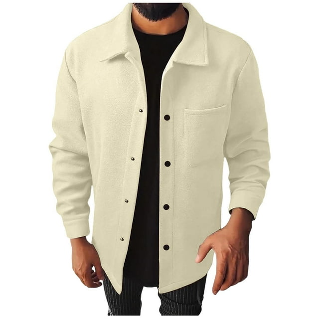Dagegui Jacket for Men Fall Shirt Jackets Long Sleeve Button Down Outwear Solid Color Casual Shackets Beige L