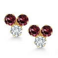 thumbnail image 2 of Gem Stone King 14K Yellow Gold Red Rhodolite Garnet and White Lab Grown Diamond Three Stone Stud Earrings for Women (0.68 Cttw, Gemstone January Birthstone, Round 3MM), 2 of 4