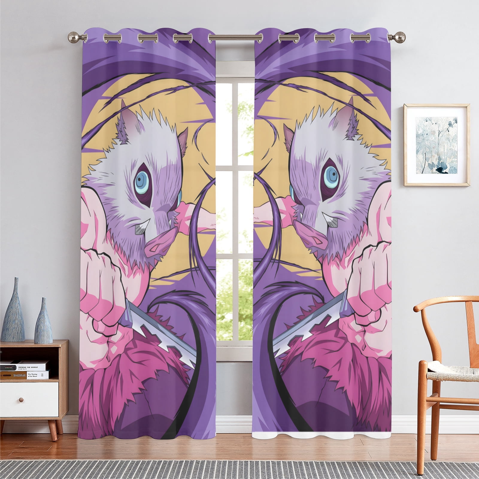 Anime Curtains for Bedroom Drapes Slayer Tanjirou Inosuke Kyoujurou Print Design Window Treatments Curtain Panel Set, 2-Panels, 52" W x 63" L