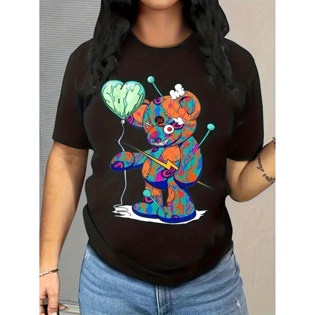Chic& Fun T-Shirt Imprimé Ours pour Femmes - Respirant, Confortable - Extensible, Col Rond - Parfait pour l'Été