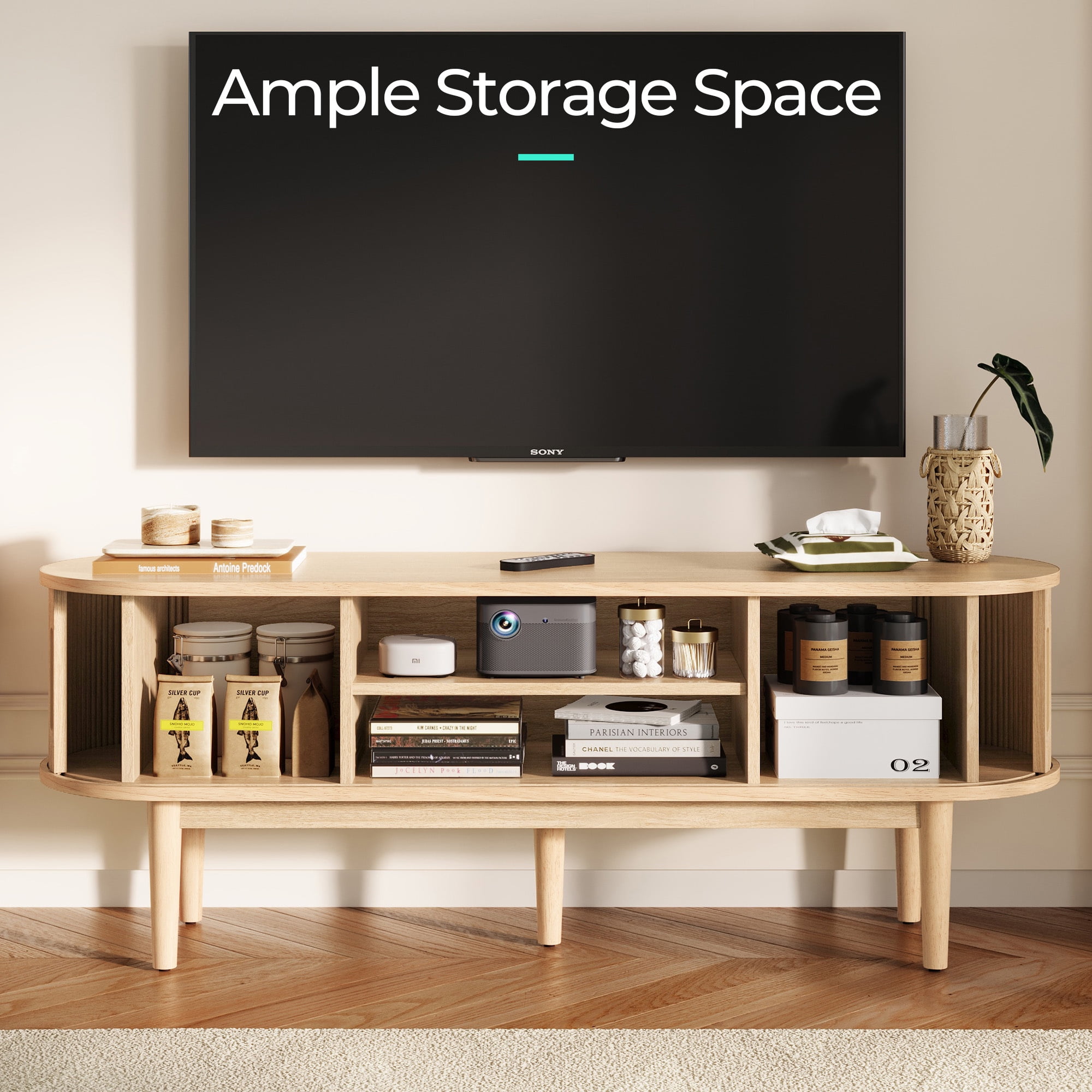 LINSY HOME Fluted TV Stand for TVs up to 65", Mid-Century Home Entertainment Center with Sliding Tambour Door and Adjustable Shelves, Oak