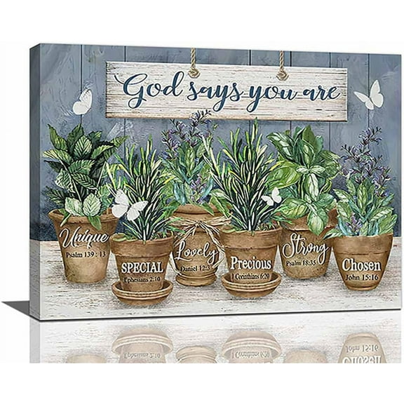 Botanical Canvas Wall Art Rustic Green Plants Pictures Wall Decor God Says You Are Bible Verse Painting Prints Modern Artwork Framed Home Decor for Bathroom Bedroom Living Room 16"x12"