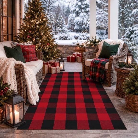 RUG ROBOT Christmas Buffalo Plaid Area Rugs for Entryway 3'x5', Cotton Indoor Outdoor Front Door Mat,Washable Checkered Farmhouse Kitchen Red and Black Xmas decor Rugs