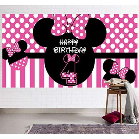 Image of Minnie Mouse 4th Birthday Backdrop Minnie Mouse 4th Birthday Banner Party Supplies Minnie Mouse 4th Birthday Decorations Fourth Birthday Photography Background (6.6 x 3.3 ft)