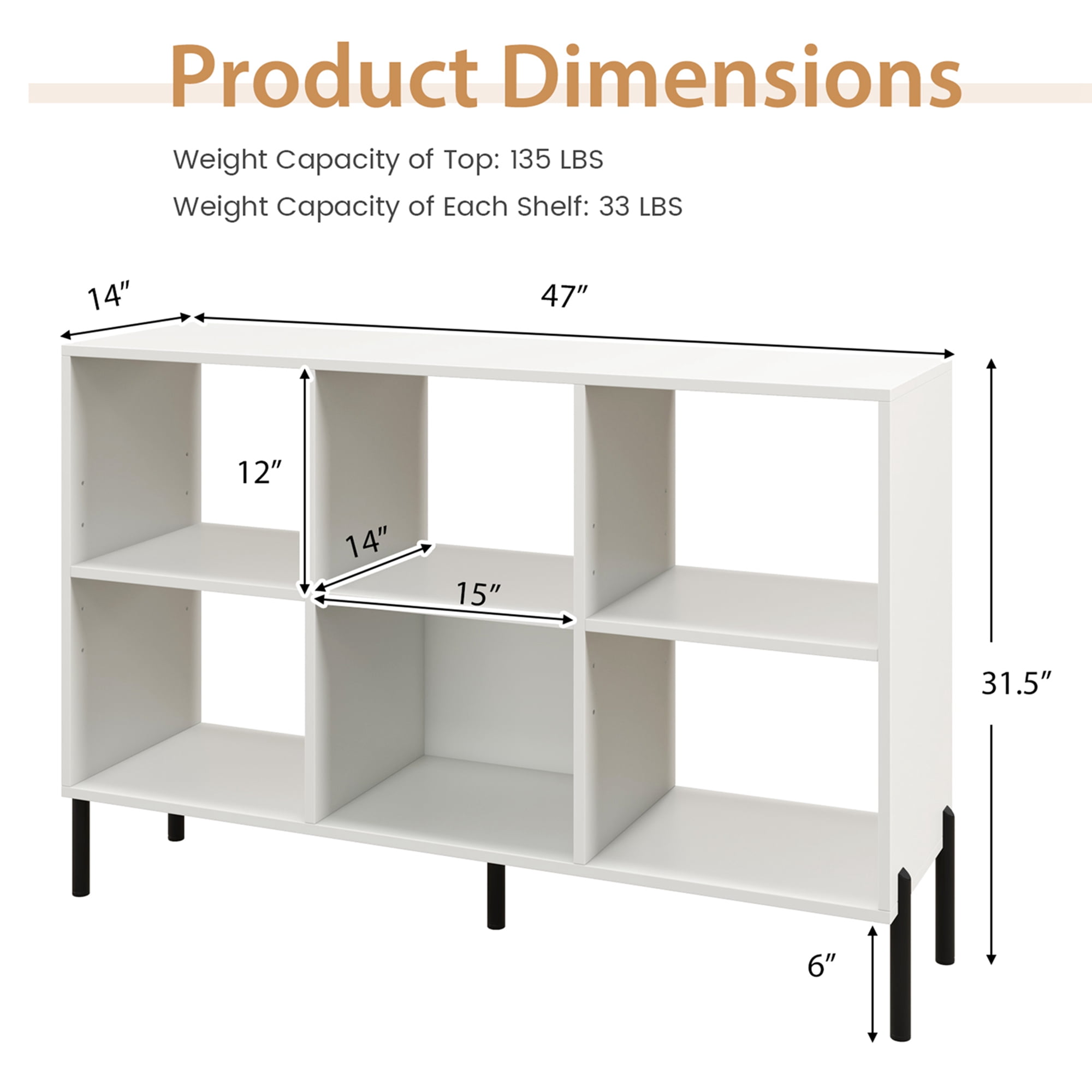 Costway 6 Cube Storage Shelf Organizer Bedroom Bookcase Square Cubby Cabinet White 47 x 14 x 31.5