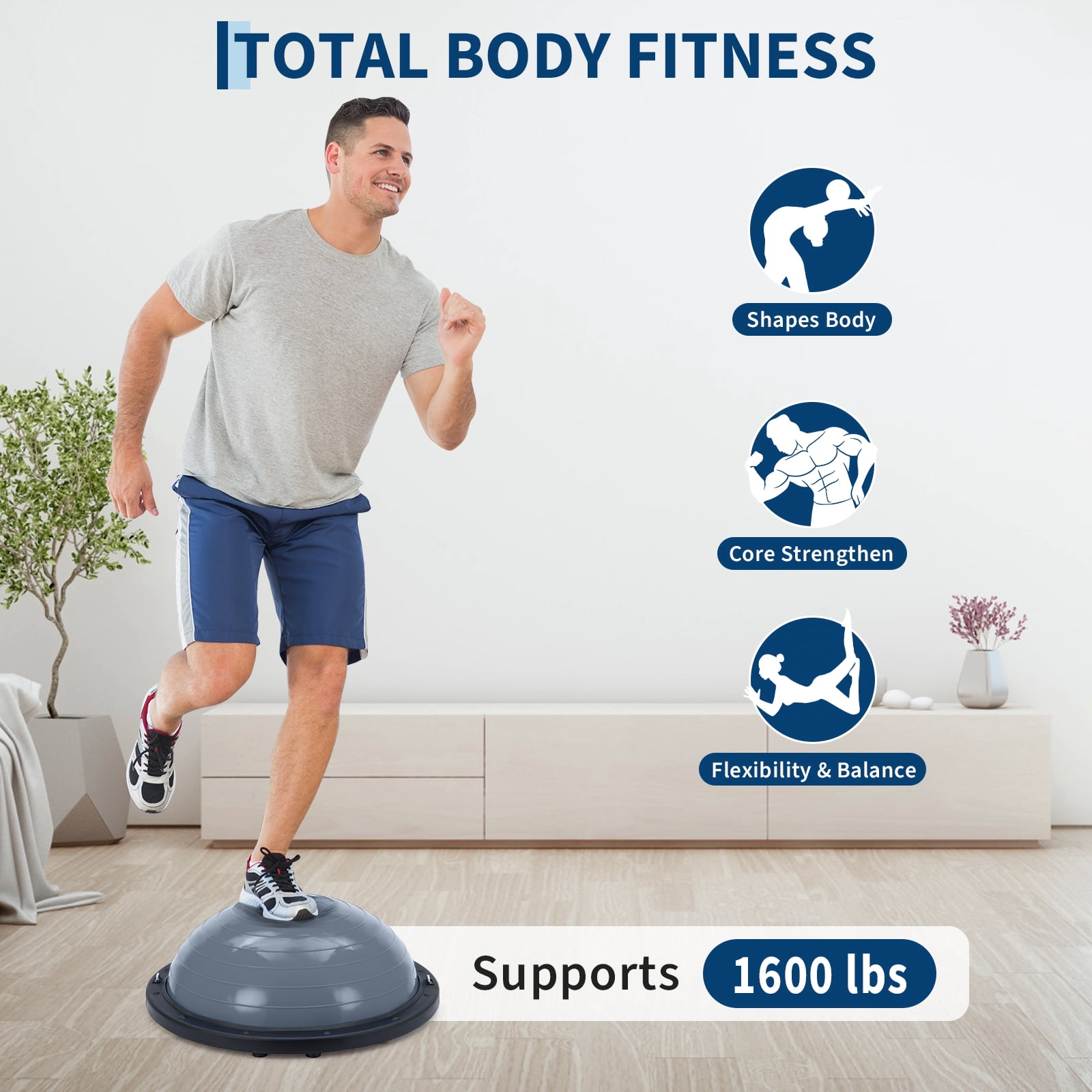 Half Balance Ball Trainer 23in - 1600lbs Anti-Slip Stability Yoga Ball with Resistance Bands, Air Pump & Pilates Ball - Inflatable Core Strength Exercise Equipment for Home Gym & Fitness