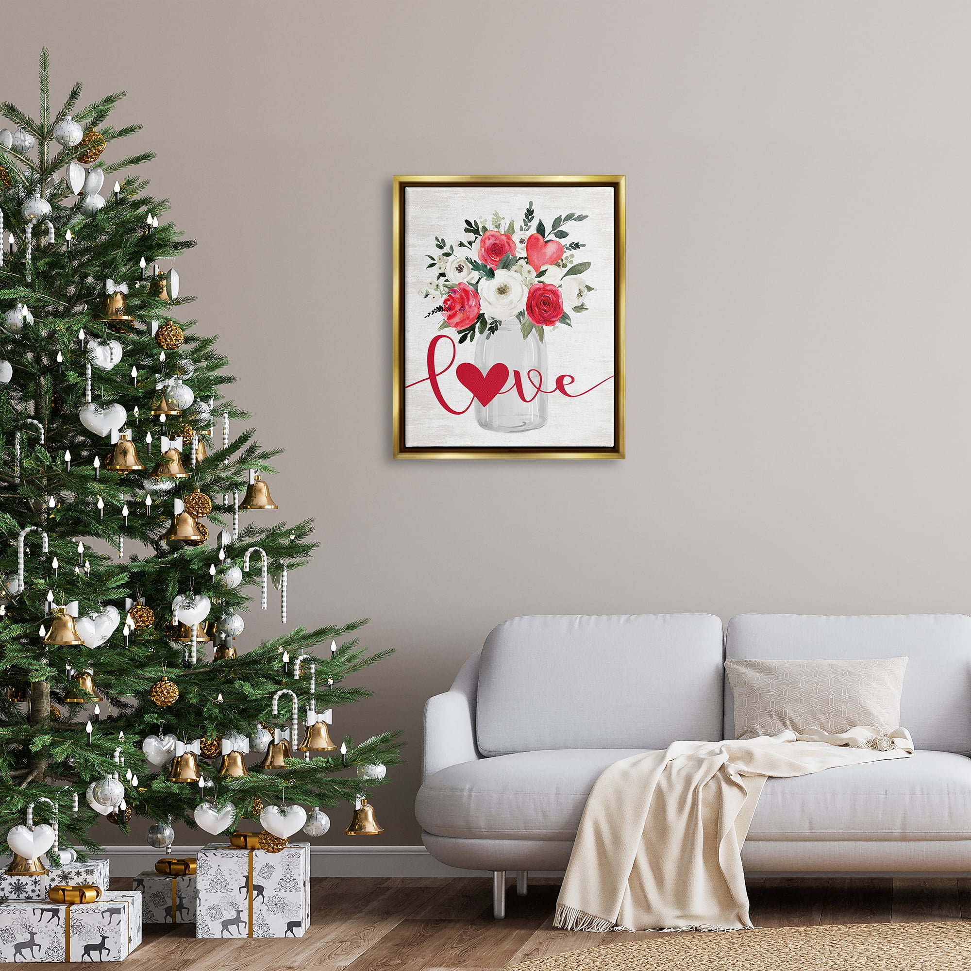 Stupell Industries Floral Valentine's Love Bouquet Botanical & Floral Painting Gold Floater Framed Canvas Art Print Wall Art, 25 x 31