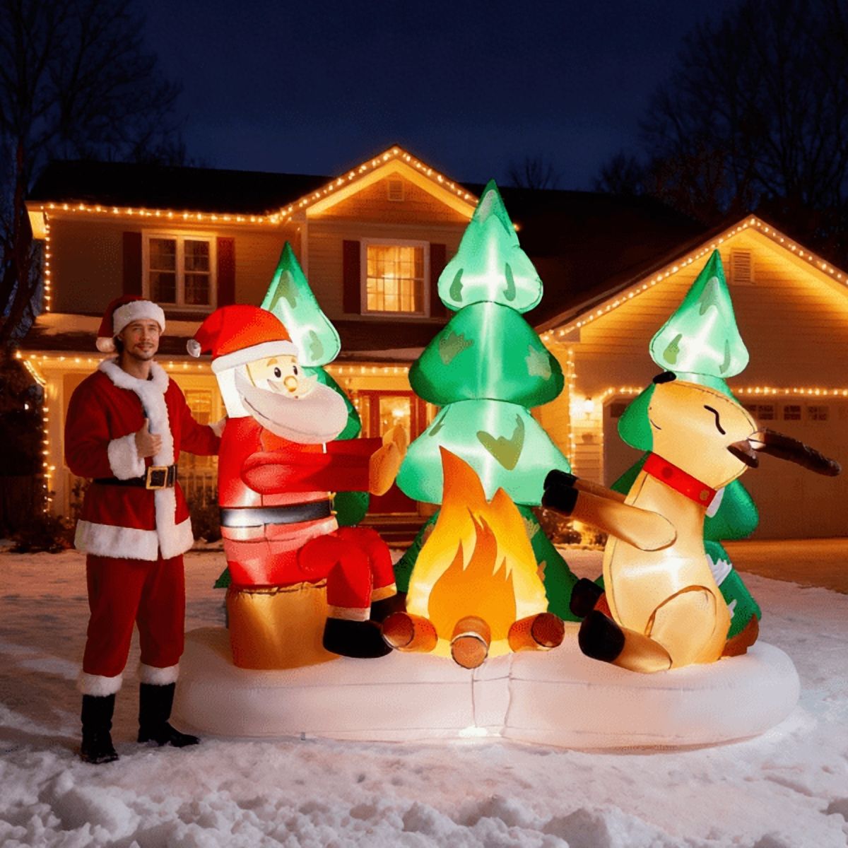 Alvantor 9 ft Lighted Christmas Inflatable, Santa and Reindeer Campfire Scene with 9 White LEDs, Outdoor Yard Decor