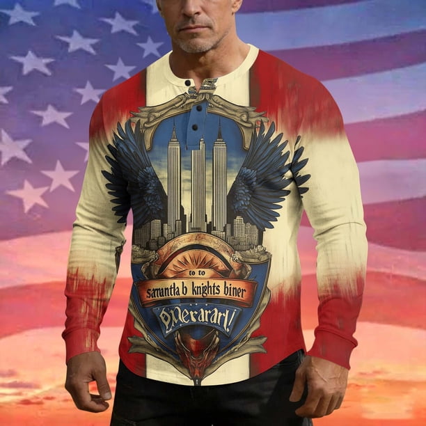 Ceisia Men's Patriotic City & Eagle Print Long Sleeve Henley Top Casual Commemorative Shirt for All Seasons Multicolor L Gifts