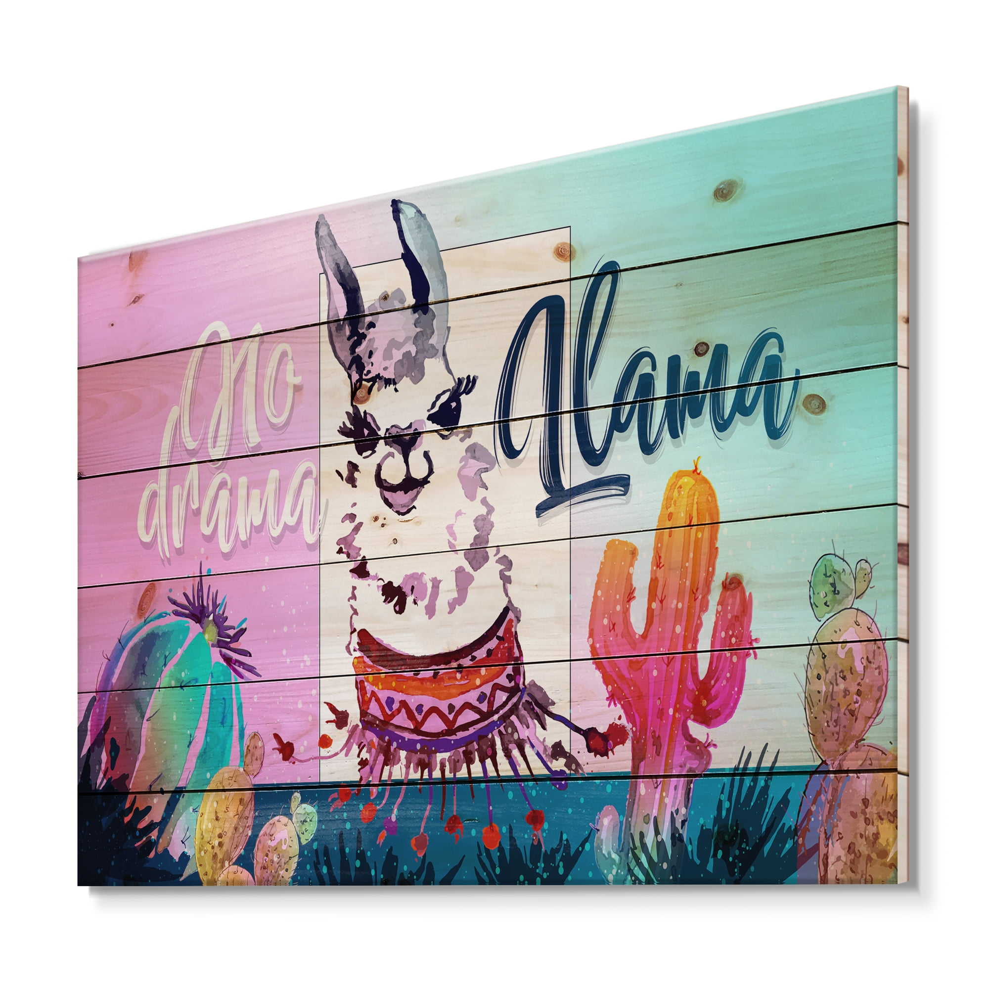 Designart 'No Drama and Colorful Llama' Children's Art Print on Natural Pine Wood