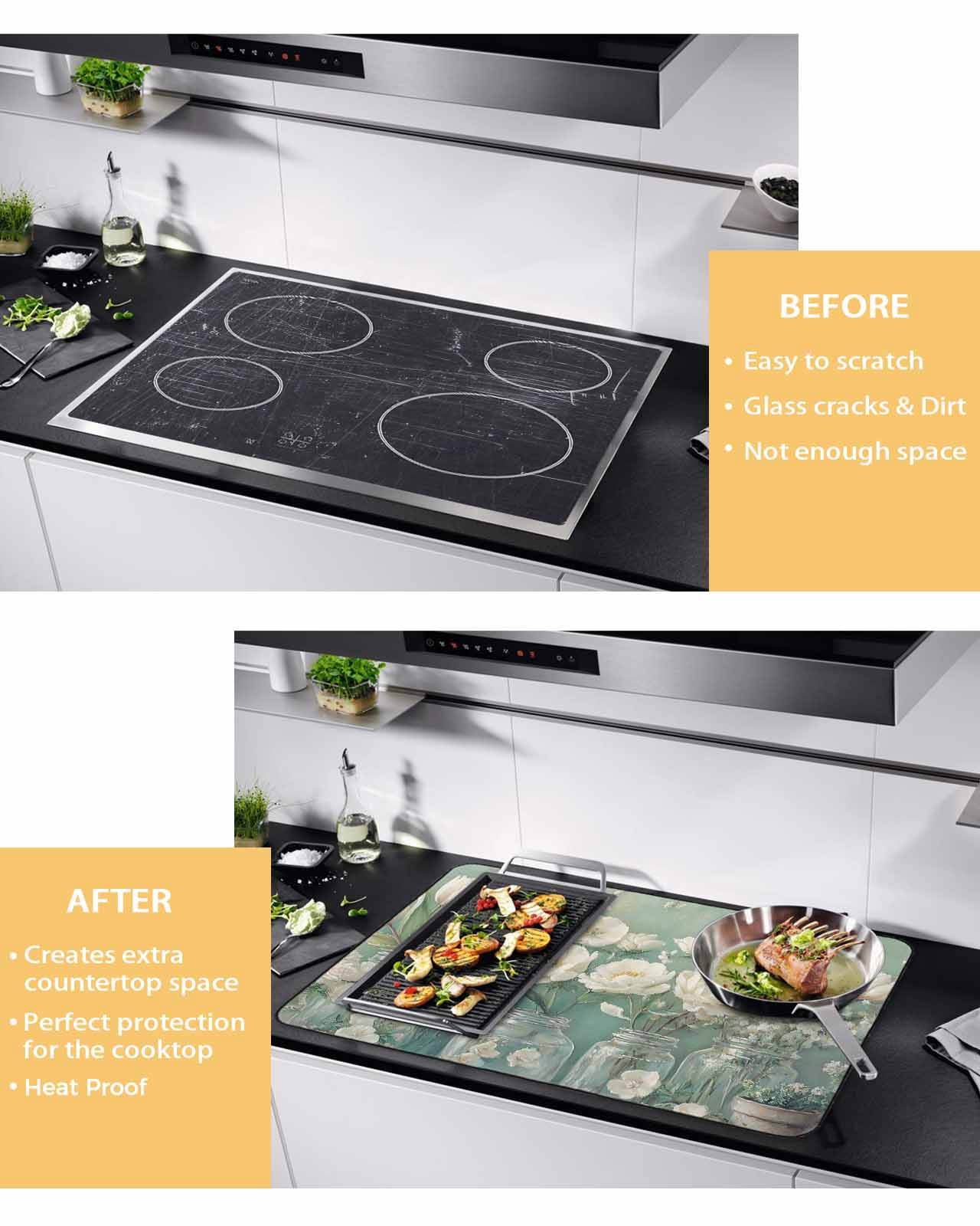 nqOlkjepod Large Induction Cooktop Protector Mat 24"x21", Flower Green Stove Top Covers for Electric Stove, Botanical Garden Florals Modern Art Stove Burner Cover Mats, Glass Top Stove Cover