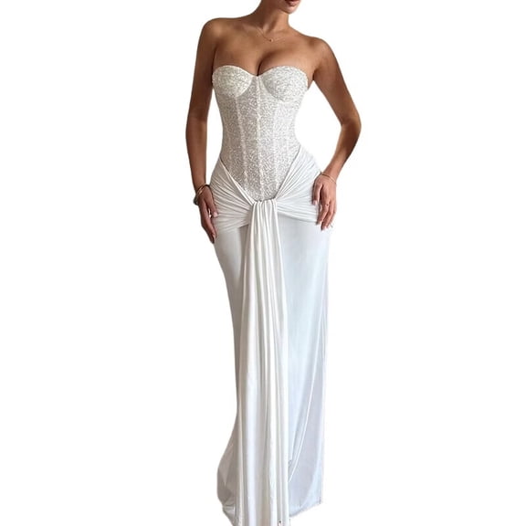 Women'S Evening Gown Waist Tie Slim Fit Ribbon Strapless Dress Elegant Formal Party Maxi Cocktail White M