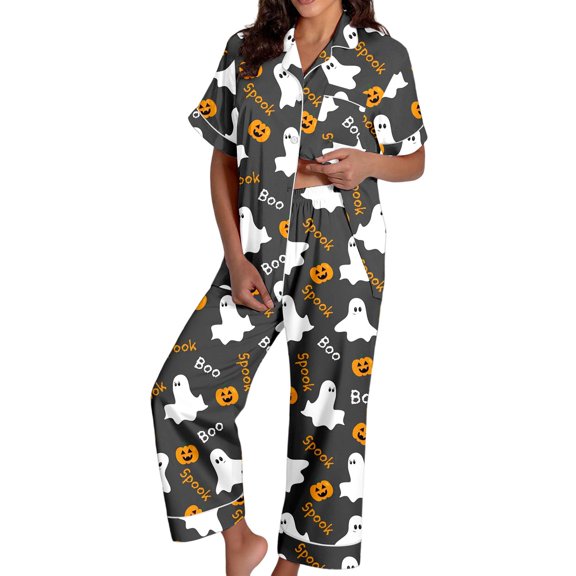 Womens Pajama Set Print Button Placket Short Sleeve Top and Shorts Crisp Cool Sleepwear Loungewear