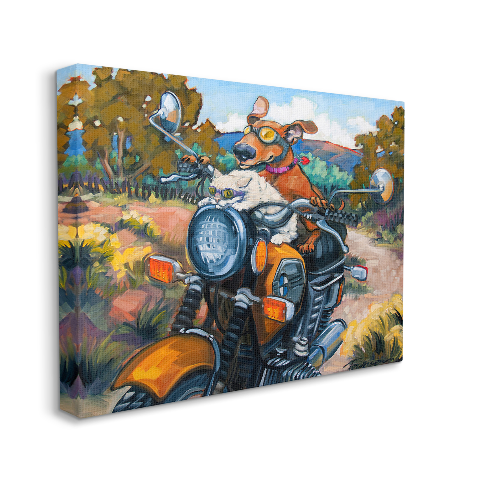 Stupell Industries Cat & Dog on Motorcycle Animals & Insects Painting Gallery Wrapped Canvas Print Wall Art, 20 x 16