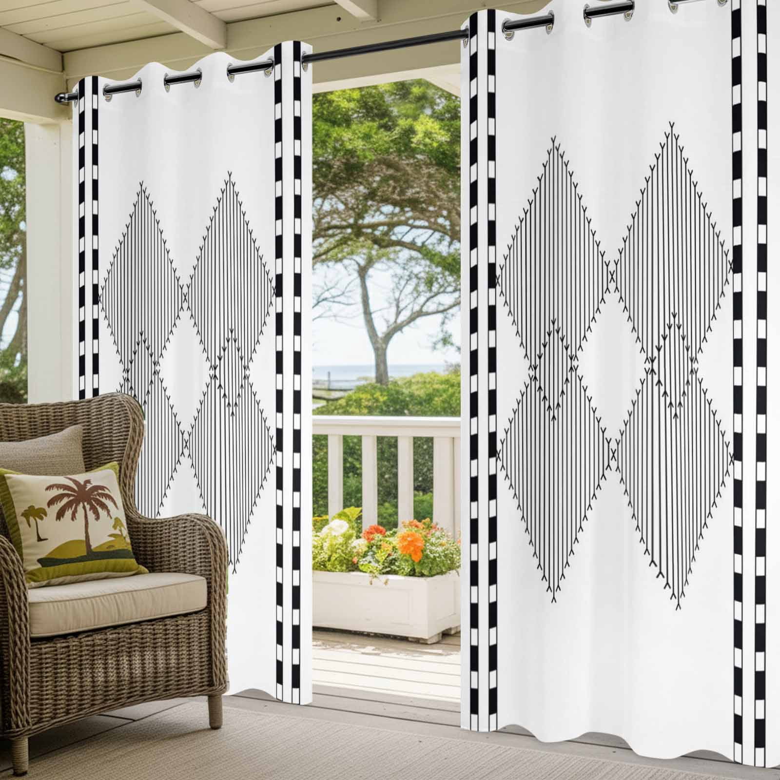 Modern Black and White Outdoor Curtains for Patio, Striped Diamonds Checkered Border Art Sunshade Privacy Drapes Grommet Waterproof Outside Curtains for Porch/Cabana/Balcony 54"x 108", 1 Panel