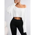 thumbnail image 2 of Womens Off Shoulder Long Sleeve Crop Tops Boat Neck Loose Asymmetry T Shirt (White XXL), 2 of 7