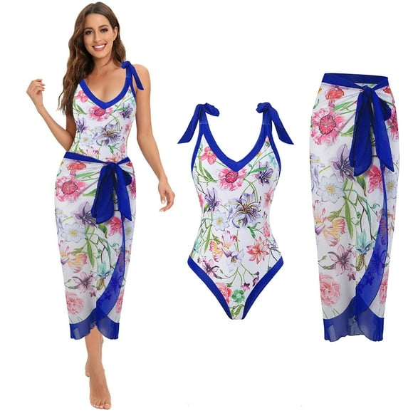 EGNMCR Womens Swimsuits Ladies Fashion Retro Print Tight Fitting Bikini Women's One-piece Swimsuit Chiffon Overskirt Suit