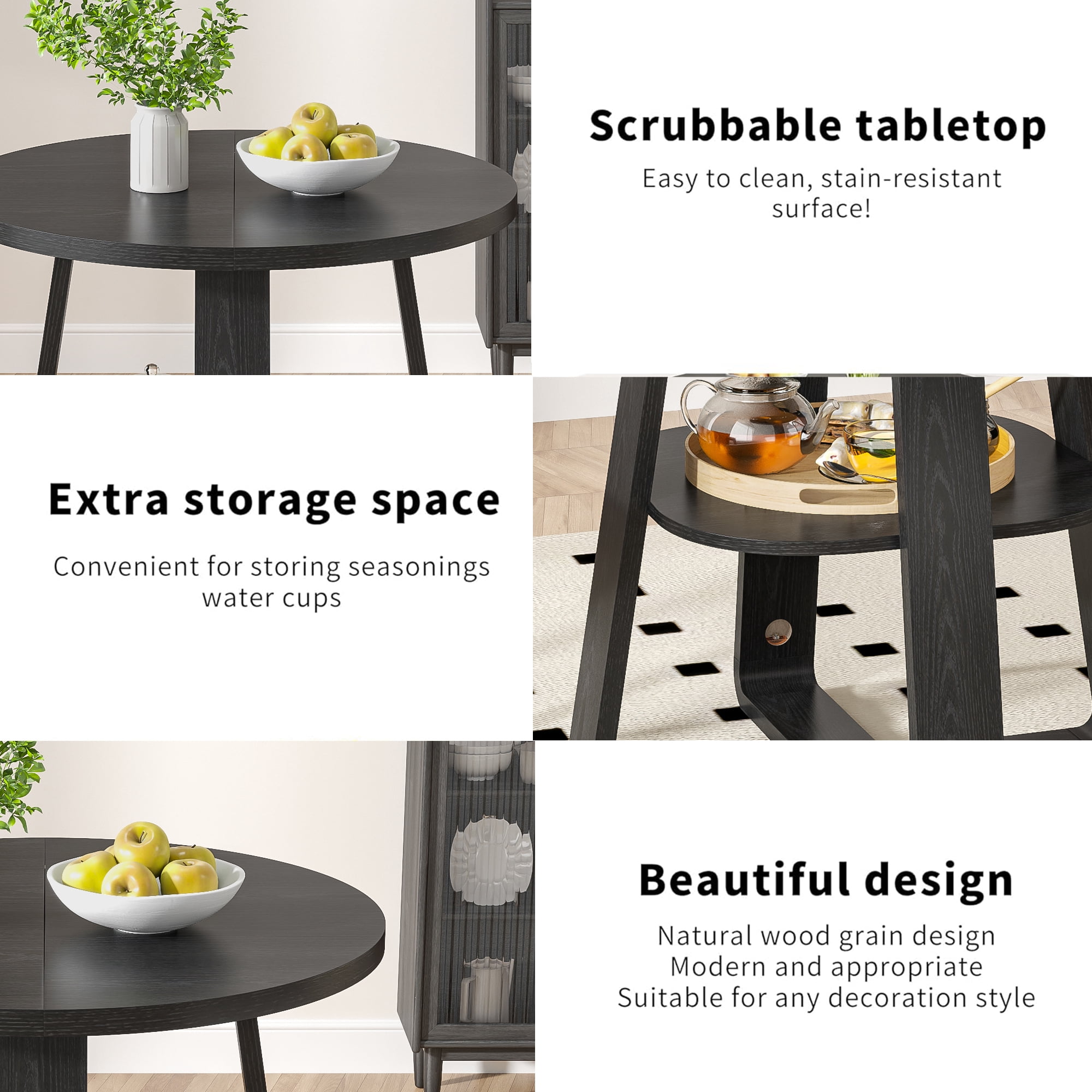 Small Round Dining Table for 2-4, Farmhouse Kitchen Table with Open Shelf, Circle Table for Space Saving, Living Room, Dining Room, Black