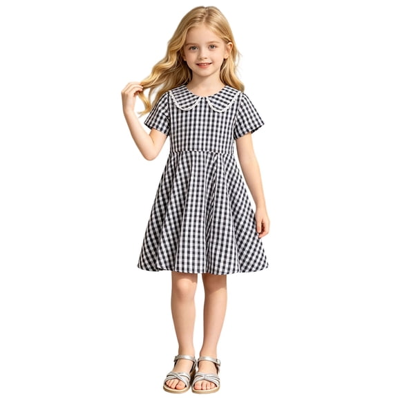 Girls Short Sleeve Gingham Plaid A-Line Dress Lace Peter Pan Collar Flared Summer Sundress Kids Daily Outdoor Casual Princess Dress(Black,7-8 Years)