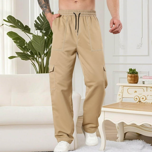 Yusimy Men's Cargo Pants Solid Color Multi Pocket Drawstring Elastic Waist Loose Fit Casual Streetwear Utility Work Trousers