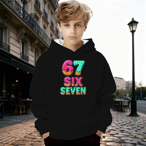 Kids Hoodies Sweatshirts 6 7 Six Seven Letter Hoodies Sweatshirts Comfortable Boys Graphic Print Hooded Sweatshirt Pullover Jacket With Pocket For Outdoor Activities Black 130(7-8 Years)