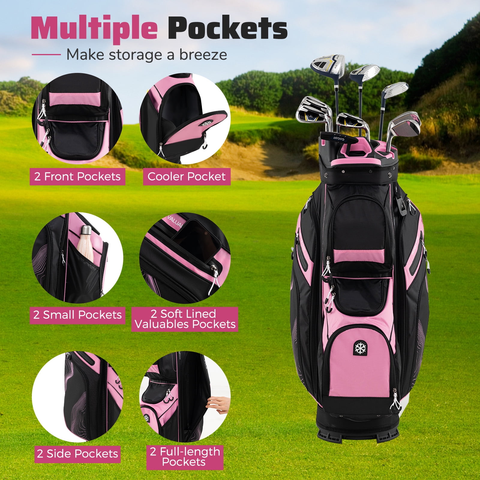 Gymax Golf Cart Bag Molded Lock Top Golf Bag w/14-Way Full Length Dividers 11 Pockets Pink