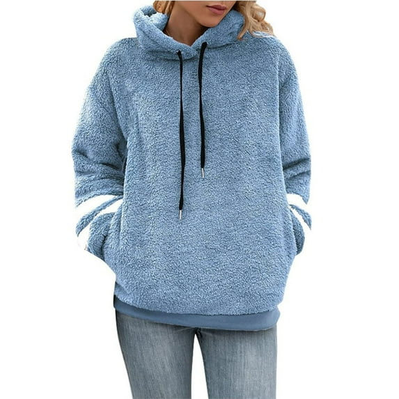 Scyoekwg Womens Sweatshirt Plush Hooded Drawstring with Pocket Pullover Sweatshirt Trendy Pullover Tops Classic Solid Colors Casual Hoodie Tops Ladies Sweatshirts Long Sleeve Blue S