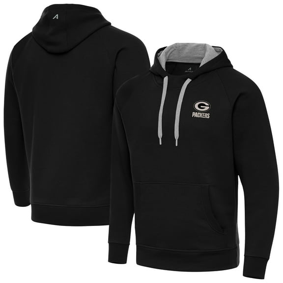 Men's Antigua Black Green Bay Packers Brushed Carbon Victory Pullover Hoodie