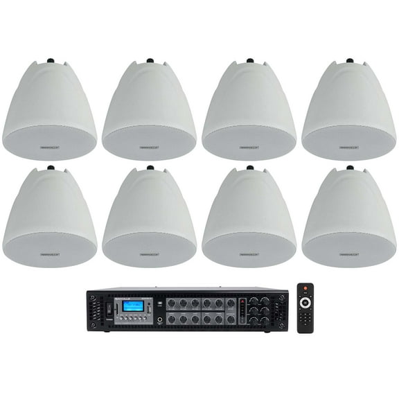 Rockville RCS180-6 Commercial 70v Amp (8) White 4" Pendant Speakers For Bar/Cafe