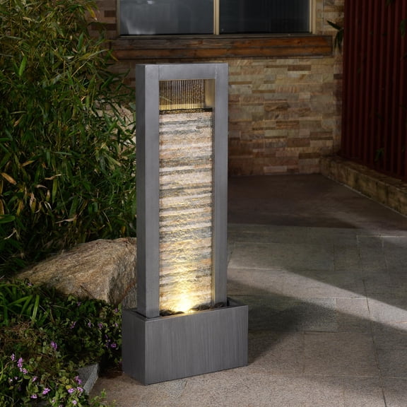 Hi-Line Gift Ltd 79532-M-GY Zen Garden Metal Fountain with Stone Brick Accent - Tranquil Harmony